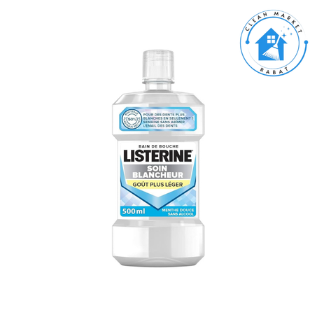Listerine,Bain de bouche Soin Blancheur Goût Plus Léger (bouteille de 500 ml) – Bain de bouche à la menthe douce sans alcool