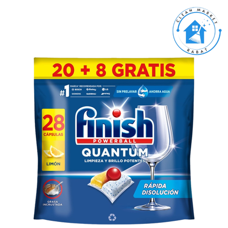 FINISH Détergent lave-vaisselle Powerball Quantum Nettoyage et brillance puissants citron sachet 28 comprimés + 8 comprimés offerts