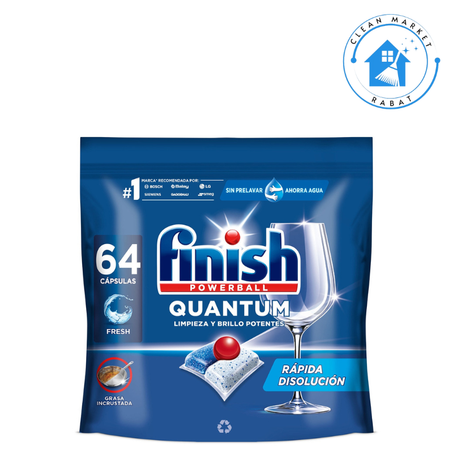FINISH Powerball Quantum Détergent à Vaisselle Nettoyage Puissant et Brillance Fraîcheur sachet 64 Tablettes