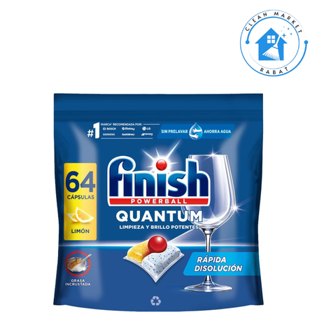 Finish Détergent lave-vaisselle Powerball Quantum Nettoyage et brillance puissants Citron sachet 64 Tablettes