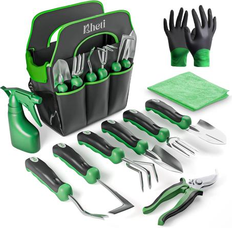 KHETI Juego de herramientas de jardín de acero inoxidable resistente de 11 piezas, incluye pala, pala y más, perfecto para excavar y cuidar las plantas, regalo ideal para mujeres y madres