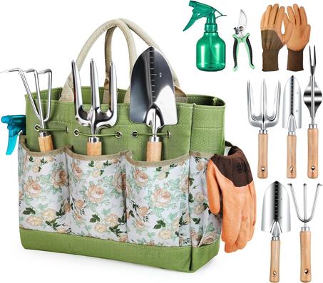 Herramientas de jardinería 9 piezas de herramientas de mano de jardinería resistentes con bolsa organizadora de herramientas de jardín a la moda y duradera, juego de herramientas de jardín a