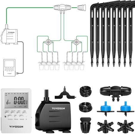 VIVOSUN Kits de riego por goteo automático profesional, salida de 15 W, kit de cultivo profesional todo en uno, incluye bomba, temporizador y regulador, 8 emisores de goteo, sistema de riego 