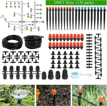 Kit de sistema de riego por goteo de 240 pies, sistema automático de riego de jardín para invernadero, patio, césped, planta con manguera de 1/2 pulgada, tubo de distribución de 1/4 de pulgad