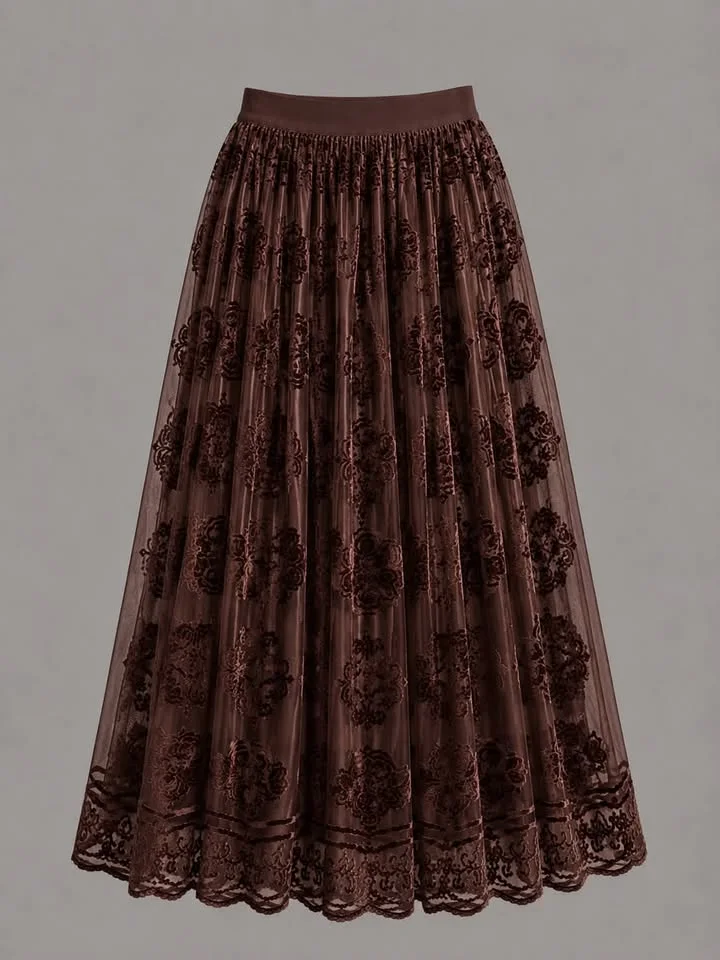 Jupe longue marron en dentelle