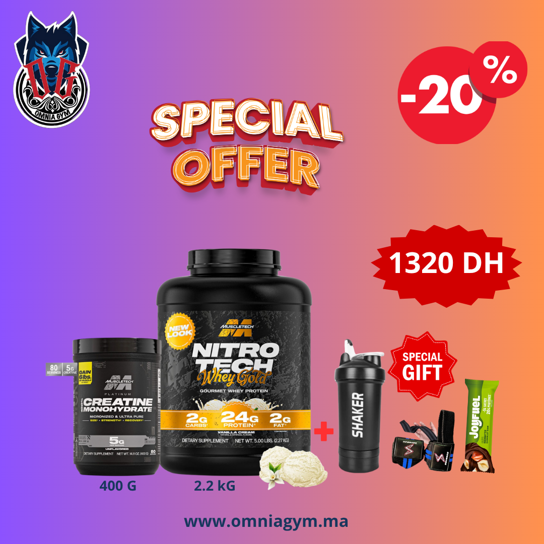 PACK  2 PIECE (NITRO TECH + CREATINE PLATINUM ) + 3 CADEAUX CRATUIT