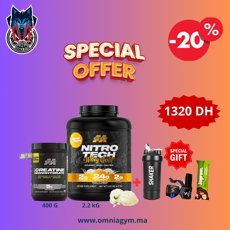 PACK  2 PIECE (NITRO TECH + CREATINE PLATINUM ) + 3 CADEAUX CRATUIT