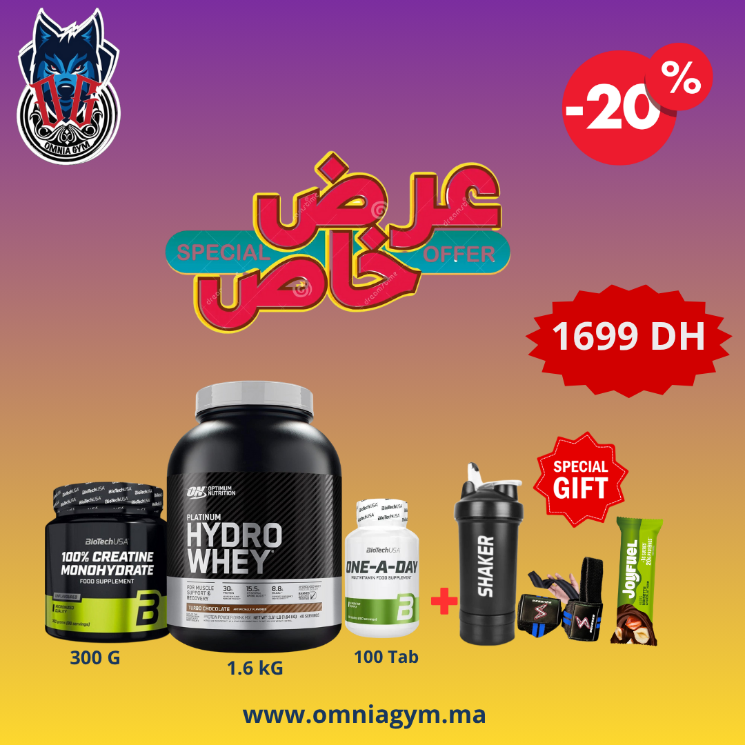 PACK 3 PIECE ( HEDRO WHEY+ CREATINE BIOTECH 300 G+ ONE-A-DAY )+3 CADEAUX CRATUIT