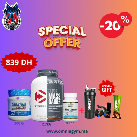 PACK 3 PIECE ( SUPER MASS GAINER + CREATINE HX + ZINC CITRATE ) + 3 CADEAUX CRATUIT