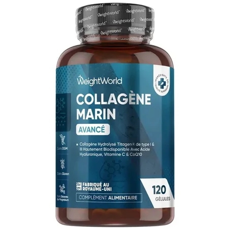 Collagène Marin + Acide Hyaluronique WeightWorld 120 Gélules – Complexe Anti-Âge Peau Cheveux Ongles كولاجين بحرية
