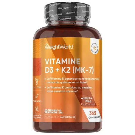 Vitamine D3 4000 UI + K2 MK7 WeightWorld – 365 Comprimés Immunité et Santé Osseuse فيتامين ك 2 + د