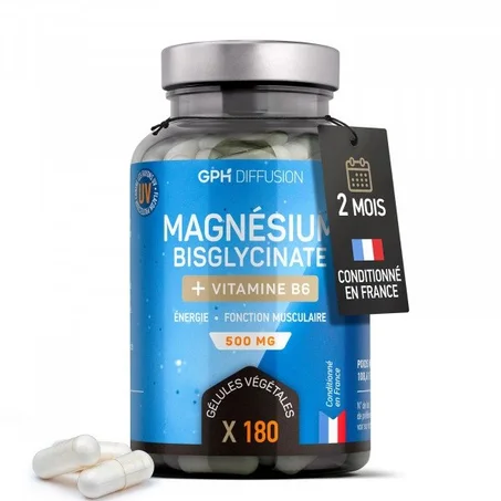 Magnésium Bisglycinate + Vitamine B6 GPH Diffusion 500 mg – Énergie et Fonction Musculaire مغنيسيوم ليسينات جليسينات عالي الامتصاص