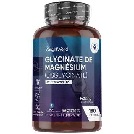 Magnésium Bisglycinate + Vitamine B6 WeightWorld – Haute Absorption  180 Gélules (2 mois) مغنيسيوم ليسينات جليسينات عالي الامتصاص