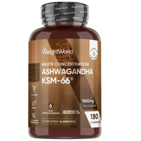 Ashwagandha KSM-66 WeightWorld 1500 mg – 180 Comprimés Anti-Stress (6 mois) عبعب منوم، أشواغاندا
