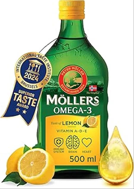 Omega-3 Huile de Foie de Morue Möller’s – EPA DHA + Vitamines A D E – Saveur Citron 500 ml زيت سمك أوميجا 3 ، بنكهة الليمون