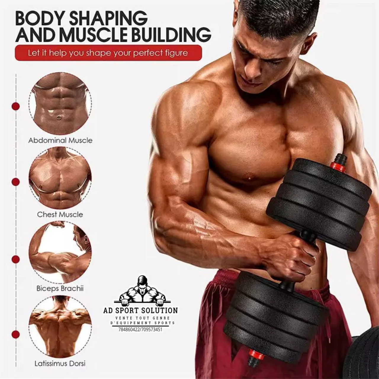 Haltères de musculation avec barre démontable –