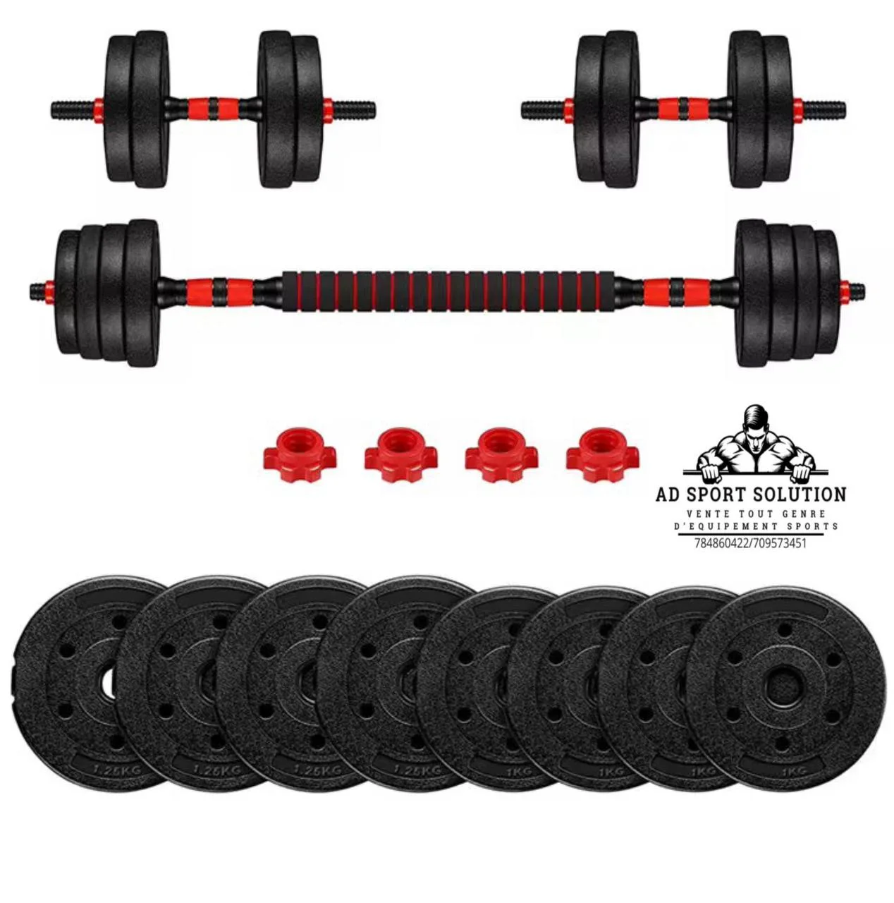 Haltères de musculation avec barre démontable –