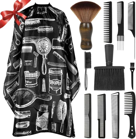 Set de 12 peines para cortar cabello - peines de barbero para hombres y estilistas - capa de barbero con tamaño de cuello ajustable y cepillo para quitar el pelo del cuello