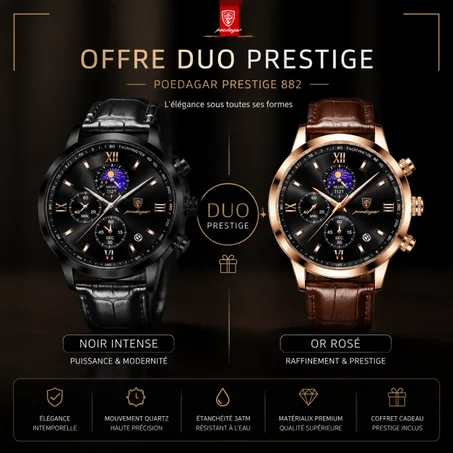 Poedagar Prestige 882 – Montre Chronographe Élégante Noir & Or Rosé