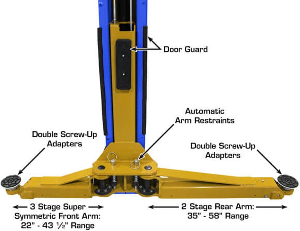 Atlas Platinum PVL-10 Garage ALI Certified 2 Post Symmetric/Asymmetric Adjustable Height 2 Post Overhead Car Lift Vehicle Hoist (Blue/Yellow)
