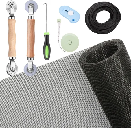 Kit de reparación de mosquiteros de ventanas y puertas mosquitero, malla de fibra de vidrio color carbón de 48"x118" con herramienta de rodillo/gancho/regla/cortador/cordón - Mosquitero de ve