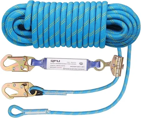 Cuerda de protección contra caídas de servicio pesado para escalada de techos y árboles. Incluye arnés de seguridad, clips de acero aleado, cordón amortiguador de impactos