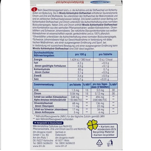 Métabolisme des glucides, 20 comprimés, Mivolis