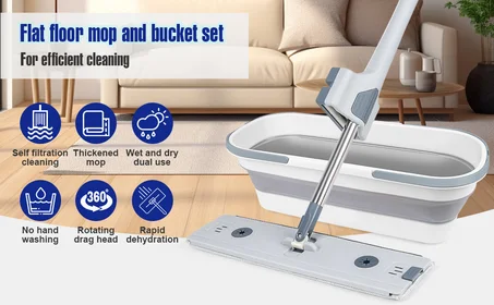 ممسحة مسطحة ذاتية العصر مع دلو قابل للطي