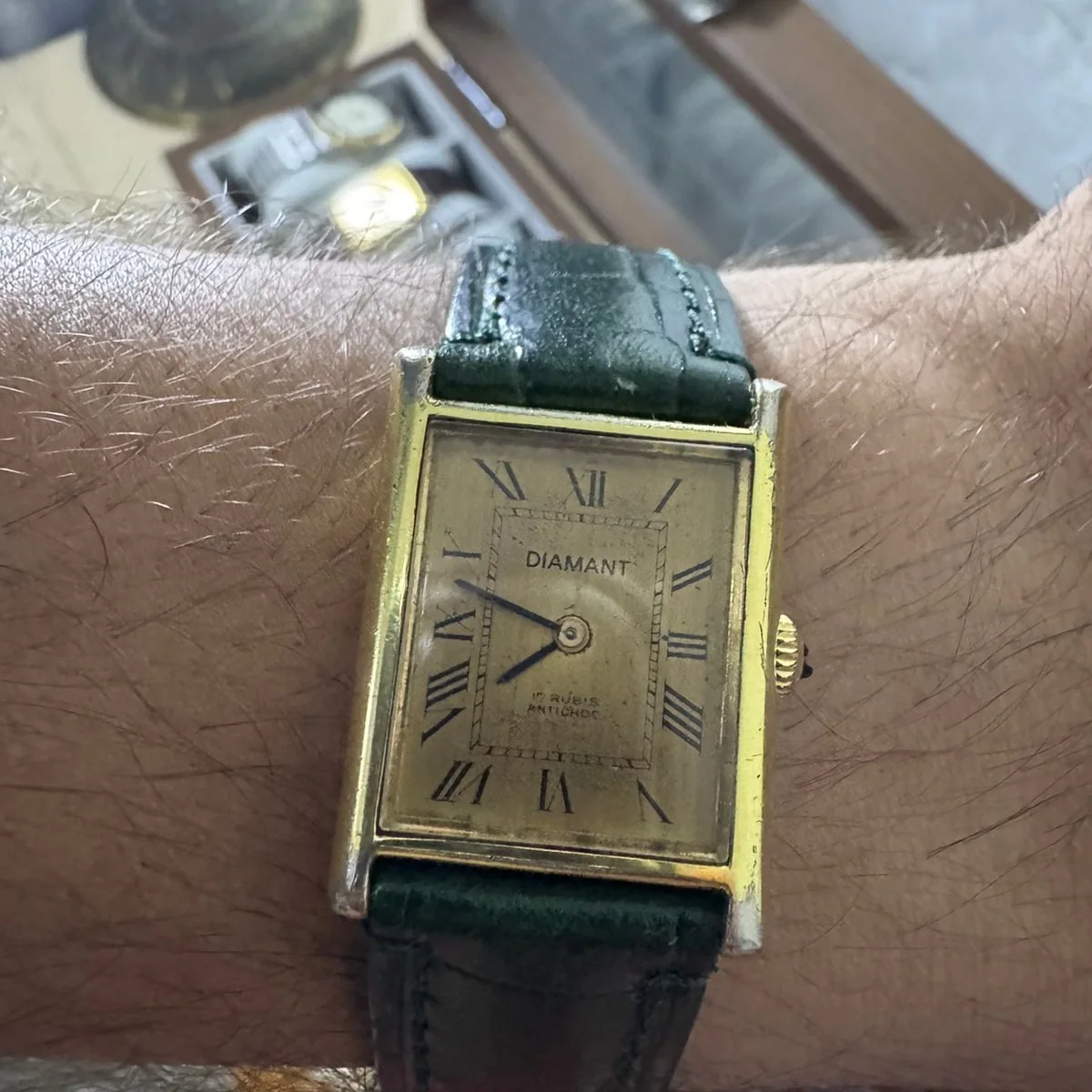 ⌚montre tank mécanique DIAMANT plaqué or belle état esthétique poinçon sous entre corne fonctionne Unisex