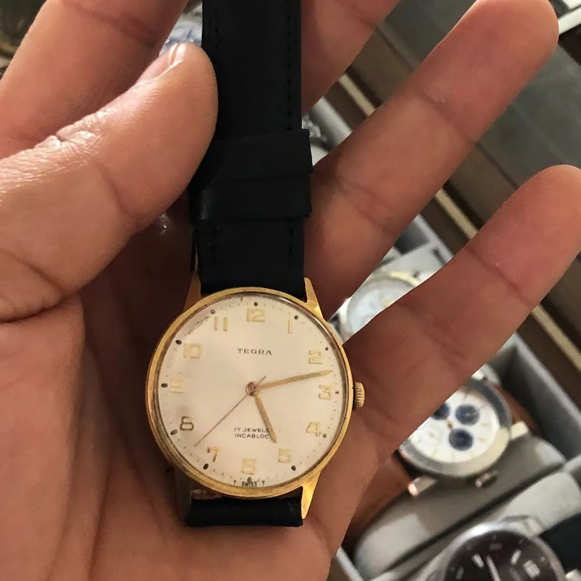 ⌚ vintage Tegra est un modèle suisse mécanique à remontage manuel doté d’un mouvement de 17 rubis avec protection antichoc Incabloc.
