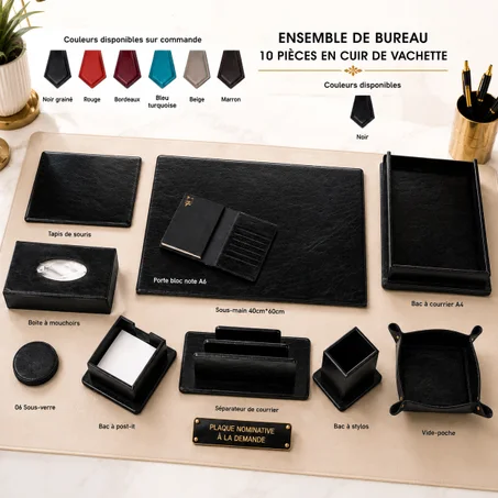 ENSEMBLE DE BUREAU 10 PIECES EN CUIR DE VACHETTE
