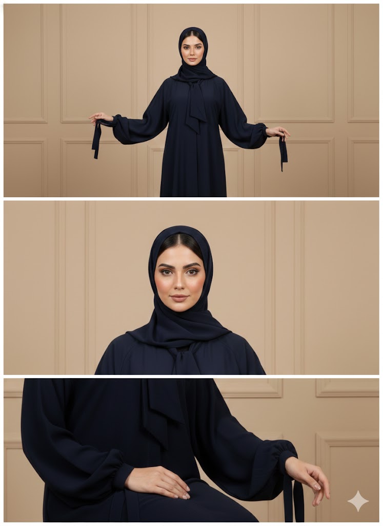 ✨ عباية كلوش بقصة كرفاطة في العنق وسيور في اليد – فخامة الكريب وأناقة التفاصيل