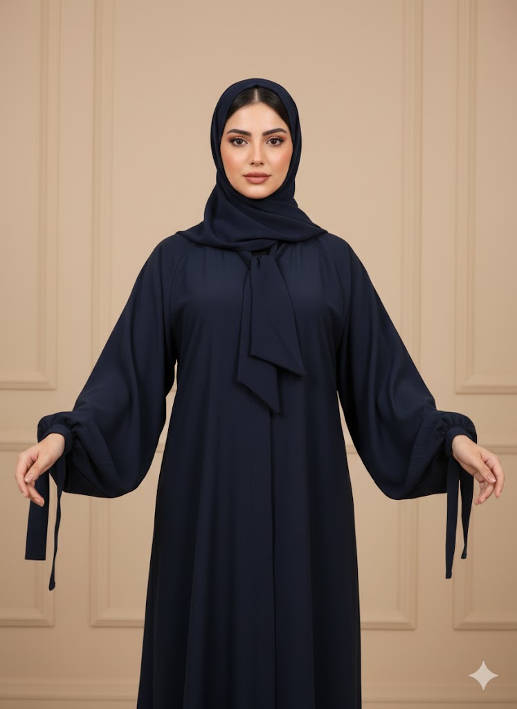 ✨ عباية كلوش بقصة كرفاطة في العنق وسيور في اليد – فخامة الكريب وأناقة التفاصيل