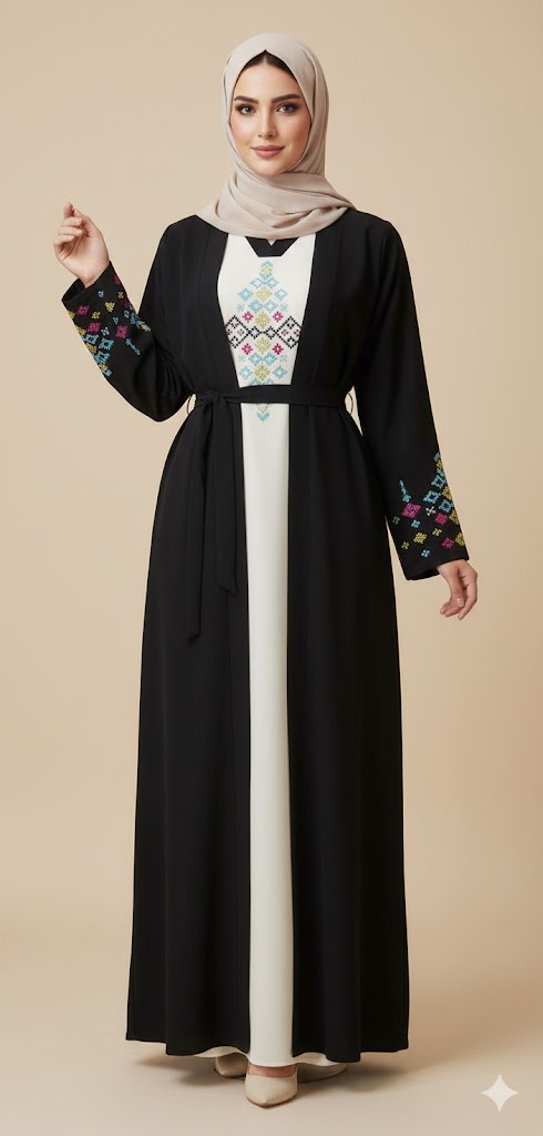 🌟 عباية تراثية 2 PCS عصرية بالتطريز الملون – أناقة تجمع الأصالة والحداثة