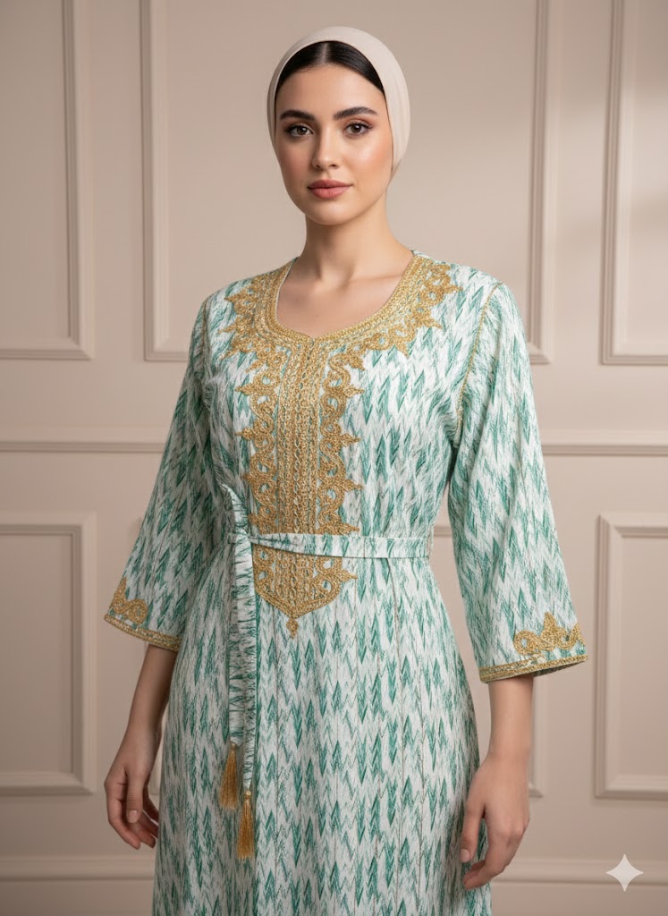 ✨ قفطان مناسبات وأعياد – طرزة راقية في الصدر واليد بقماش الكريب الصقلي الفاخر