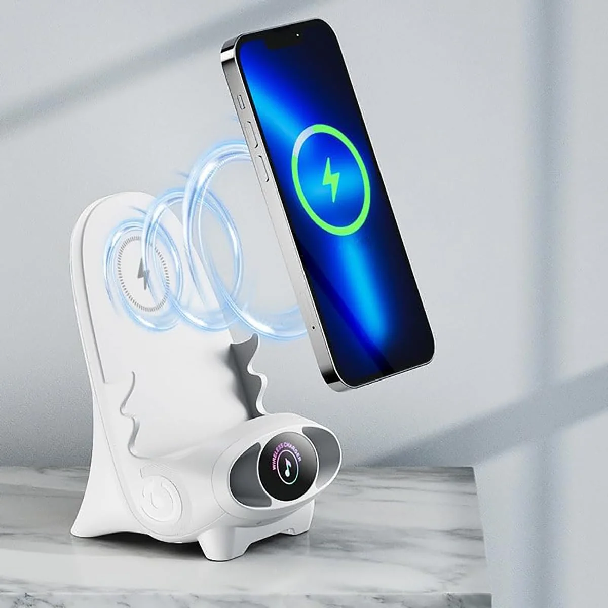 Mini Chair Wireless Fast Charger – Support Téléphone Multifonction 3-en-1 avec Haut-Parleur