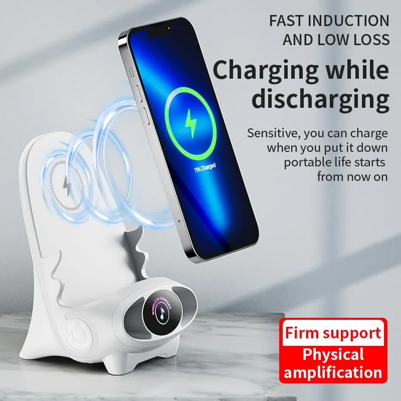 Mini Chair Wireless Fast Charger – Support Téléphone Multifonction 3-en-1 avec Haut-Parleur