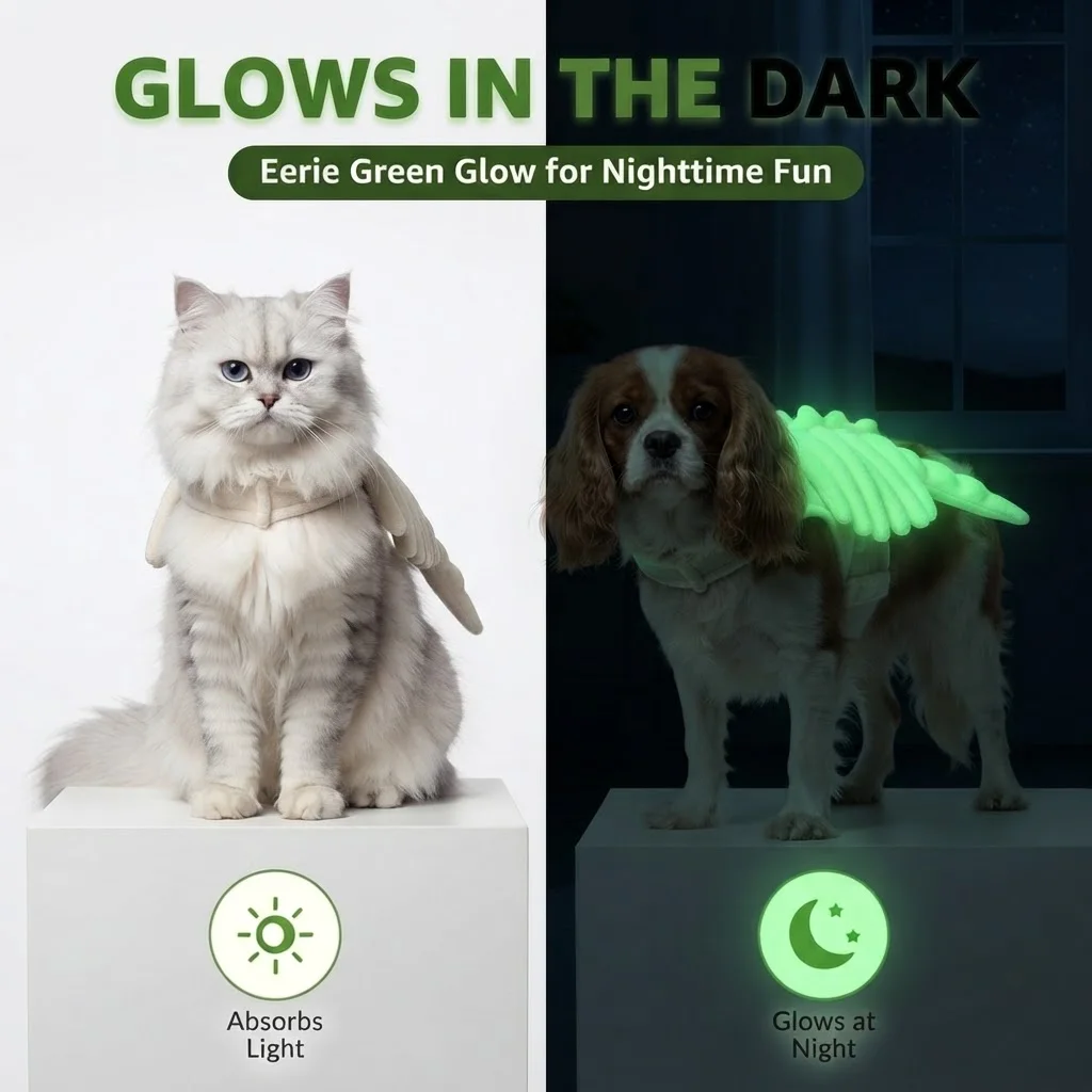 Eerie Glow-in-the-Dark Halloween Angel Wings Pet Harness & Costume for Dogs and Cats