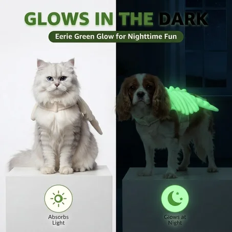 Eerie Glow-in-the-Dark Halloween Angel Wings Pet Harness & Costume for Dogs and Cats