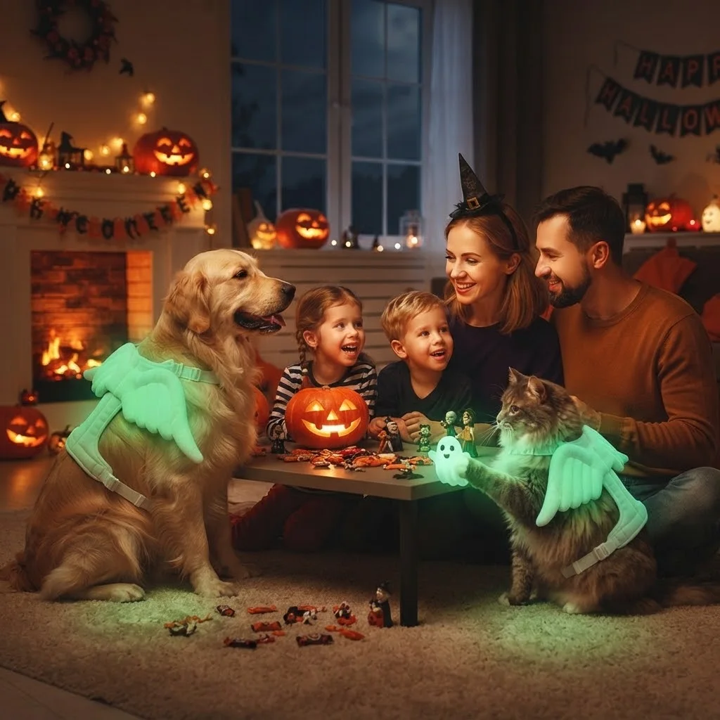 Eerie Glow-in-the-Dark Halloween Angel Wings Pet Harness & Costume for Dogs and Cats