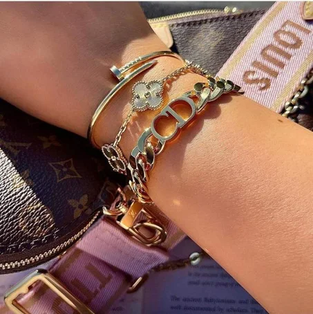 Ensemble Bracelet Van Cleef, Gourmette CD , Clou Cartier, Bracelet En Acier Inoxydable