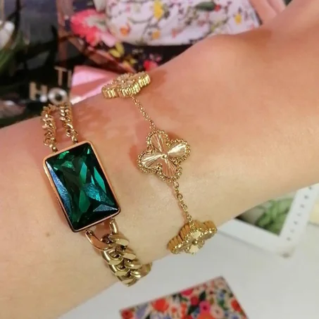 Bracelet avec pierre vert plus et Gourmette Van Cleef, Bracelet En Acier Inoxydable