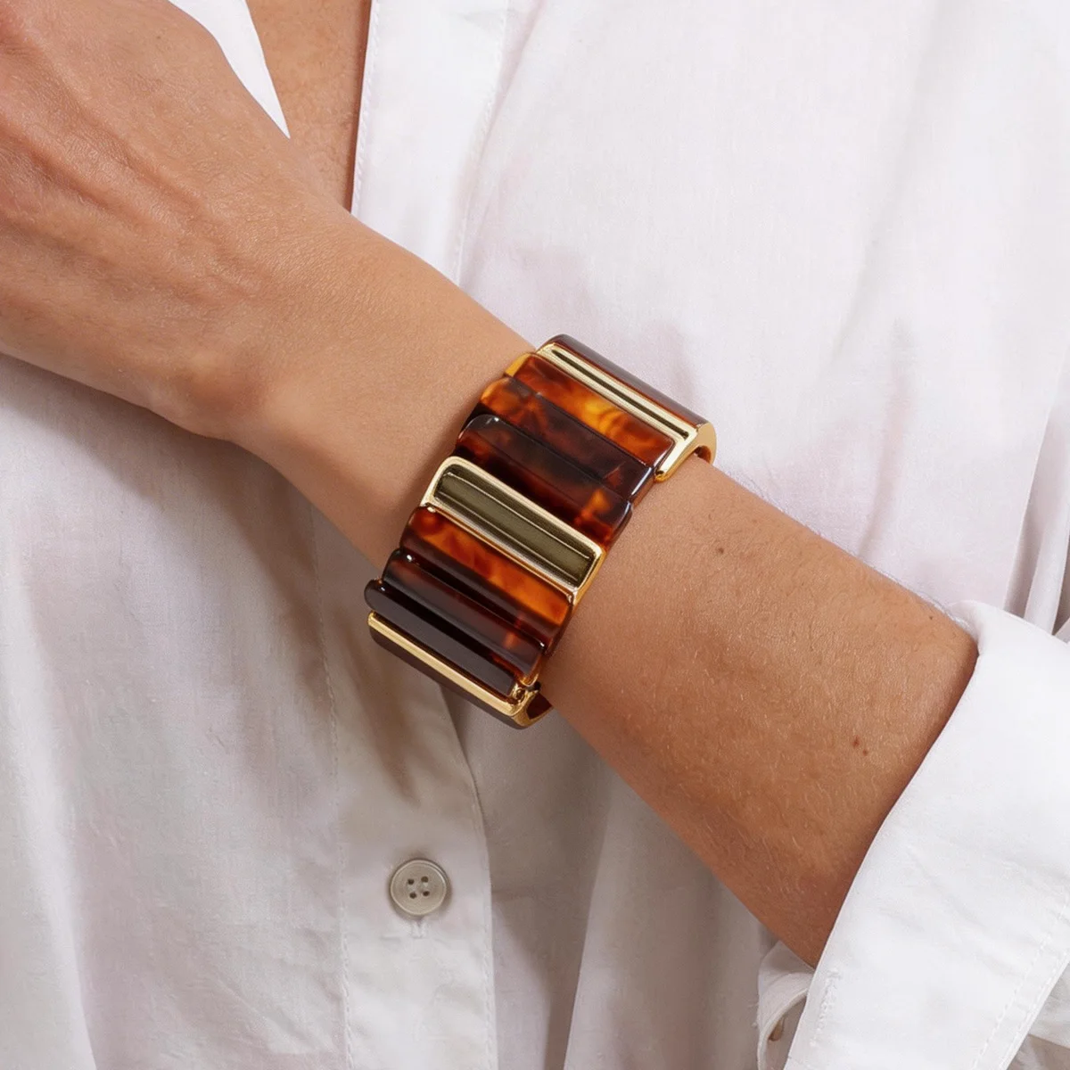 Bracelet Résine Ambre Cognac Or Doré Zinc Alloy