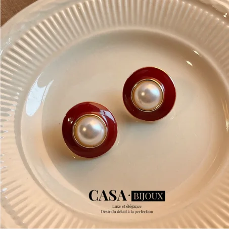 R- Boucles d'oreilles géométriques rouges avec perles