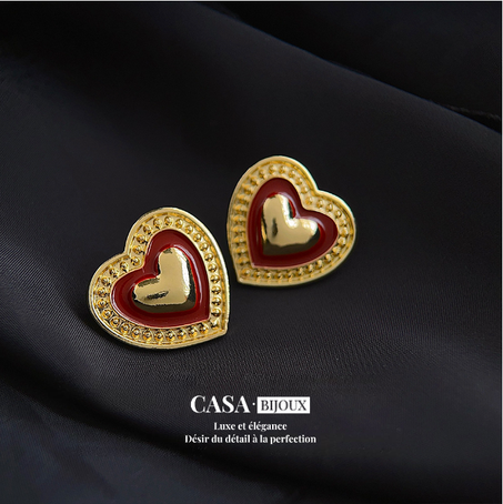 R-  Boucles d'oreilles cœur rouge dans le style vintage de Hong Kong
