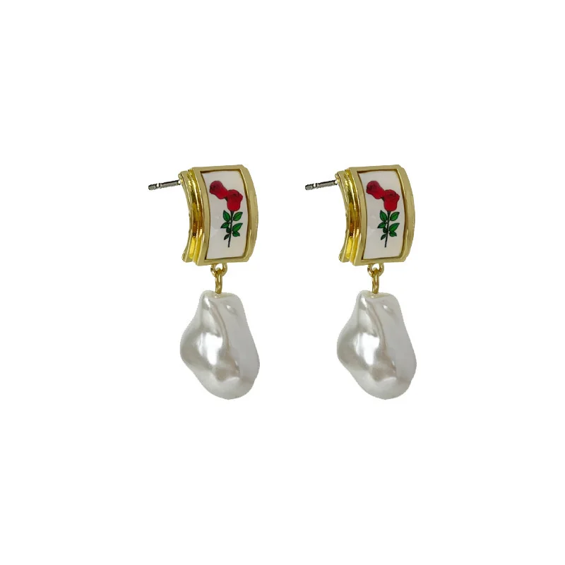 P.R- Boucles d'oreilles florales antiques avec perle