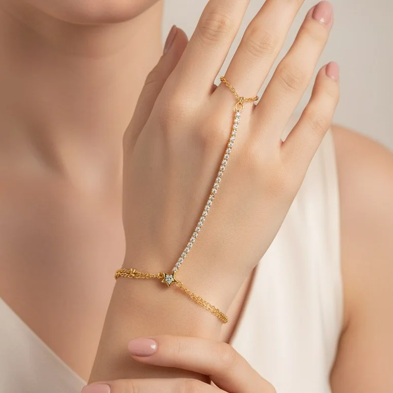 Bracelet Chaîne de Doigt Ajustable Doré 18K Strass
