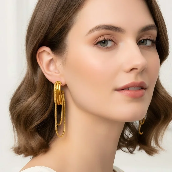 Boucles d'Oreilles Créoles Bi-Ton Or Argent Acier Inoxydable