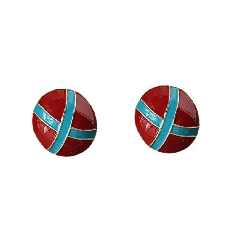 R- Boucles d'oreilles à clou rondes géométriques 3D couleur rouge vin