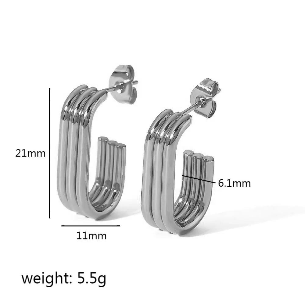Boucles d'Oreilles Créoles Carrées Cannelées Argent Acier Inoxydable